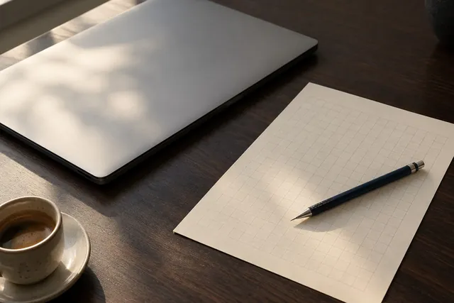 Ein zugeklappter Laptop, ein Blatt kariertes Papier und ein Bleistift auf einem Schreibtisch