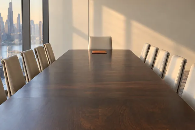 Ein leerer Konferenztisch, hinter dem Fenster die Skyline einer Stadt
