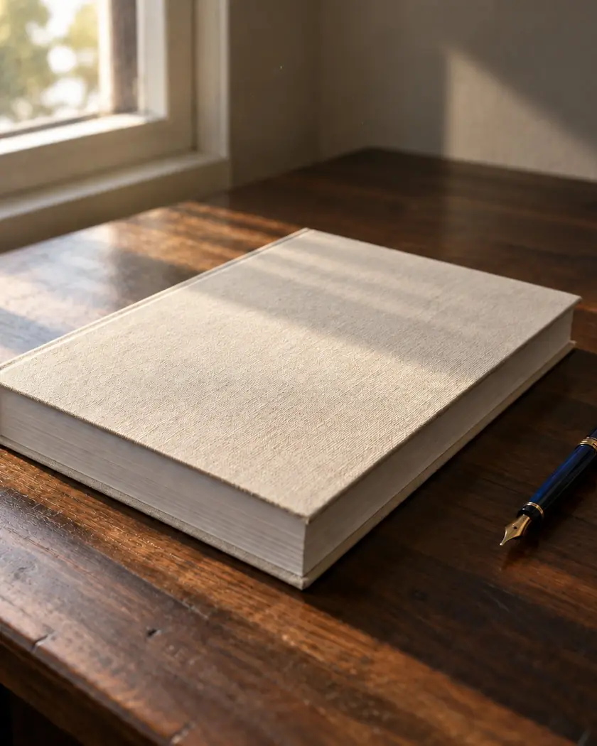Ein in Leinen gebundenes Buch und ein Füllfederhalter auf einem Holzschreibtisch am Fenster