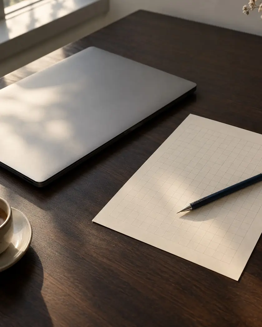 Ein zugeklappter Laptop, ein Blatt kariertes Papier und ein Bleistift auf einem Schreibtisch