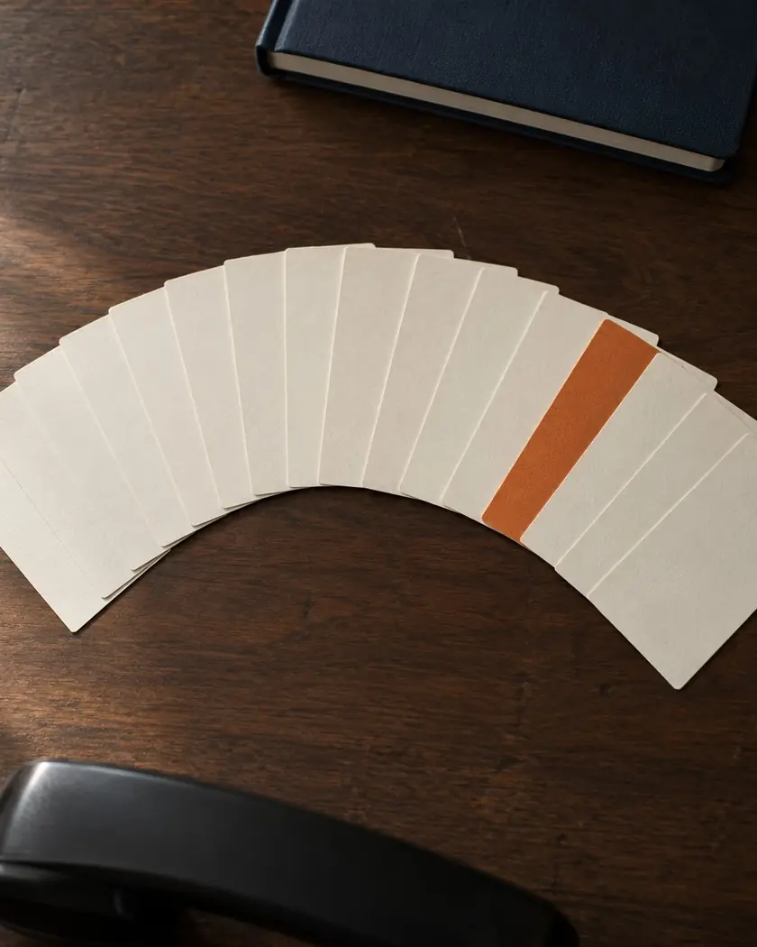 Ein Fächer leerer Karten auf einem dunklen Schreibtisch, eine davon orange