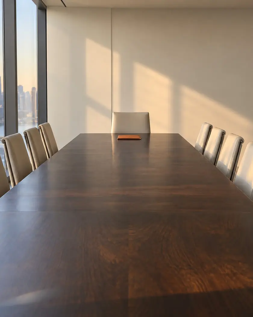 Ein leerer Konferenztisch, hinter dem Fenster die Skyline einer Stadt