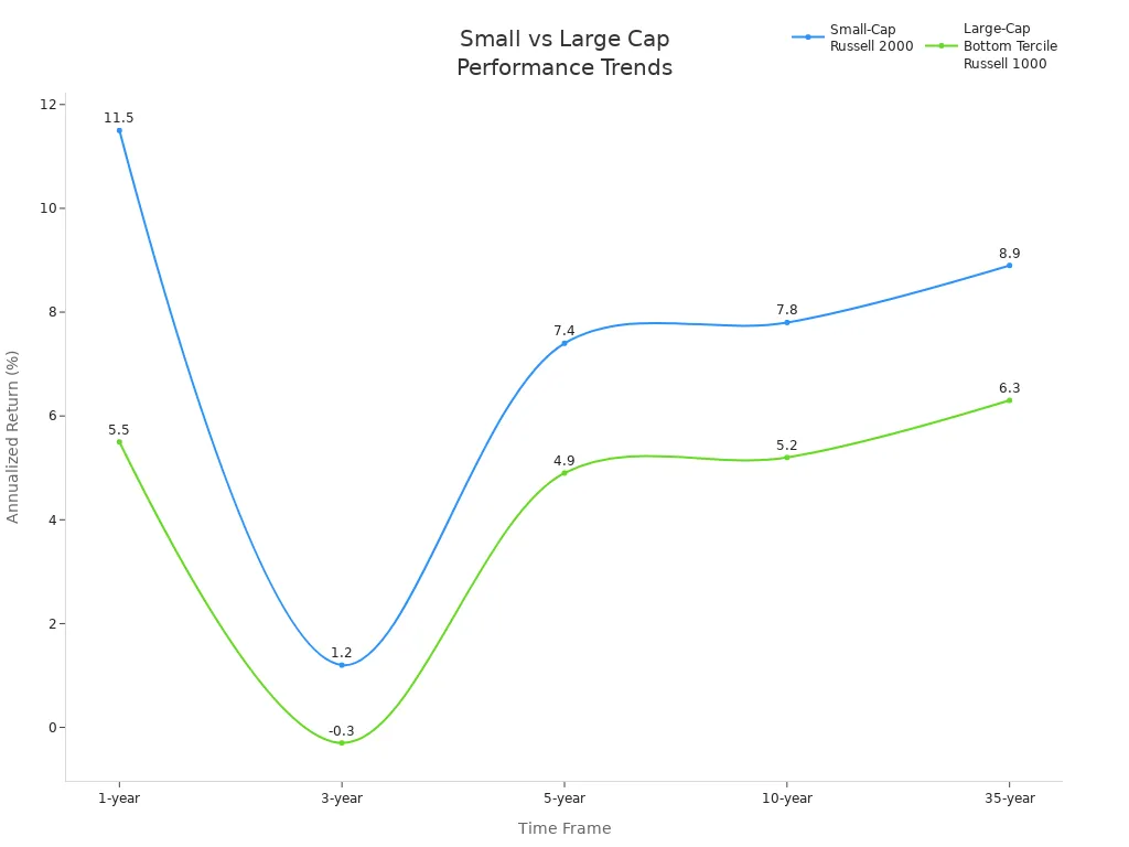 Line chart comparing small-cap and large-cap stock performance over five time frames